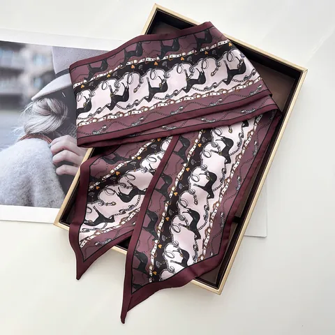 Vintage Horse Chain Print Satin Long Skinny Scarf For Women Elegant Twilly Hair Band Bag Handle Wrap Silk Feel Neck Scarf