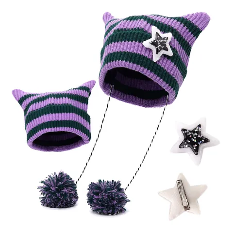 Damen Gestreifte Katzenohren Beanie Mütze Kleiner Teufel Strickmütze Mit Stern Patch Bommeln Lange Quasten Y2K Gothic Winter Warme Kopfbedeckung
