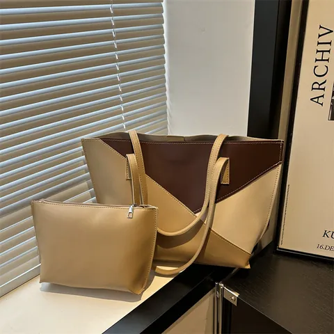 Damen Patchwork Tragetasche Große Kapazität PU Leder Umhängetasche Casual Geometrische Nähte Arbeit Schule Shopper