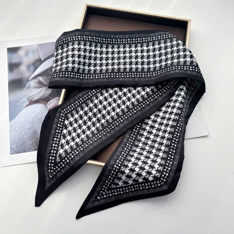 Women Elegant Houndstooth Pattern Satin Scarf Narrow Twilly Silk-Feel Neckerchief Hair Band Waist Wrap Accessory For Daily Wear