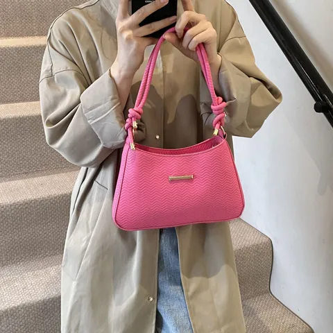 Chevron Pattern PU Leather Underarm Bag For Women Minimalist Style Small Square Shoulder Bag With Knotted Handle Gold Metal