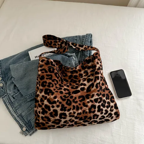 Bolso Tote de Moda con Estampado de Leopardo para Mujer Bolso de Hombro de Lona de Gran Capacidad Informal Otoño Invierno