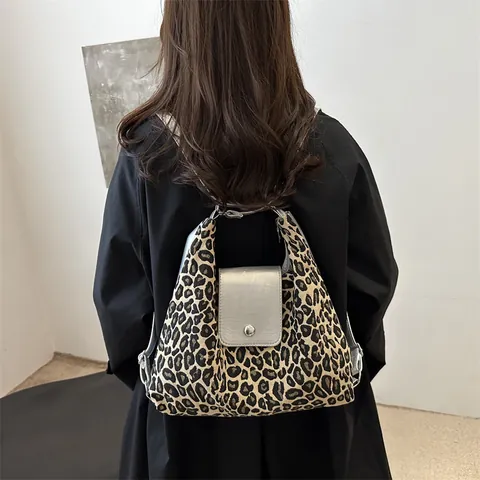 Women Leopard Print Tote Bag PU Leather Splicing Large Capacity Shoulder Bag Fashion Commute Handbag Retro Underarm Bag