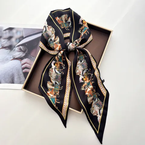 Women Vintage Horse Print Satin Narrow Scarf Elegant Equestrian Twilly Scarf For Bag Handle Hair Ribbon Headband Neck Tie