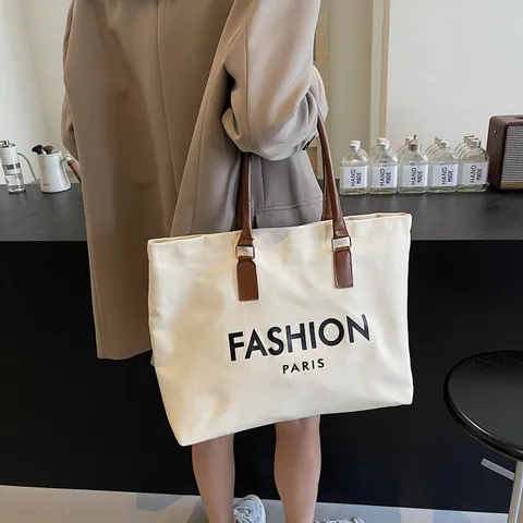 Bolso Tote de Lona de Gran Capacidad para Mujer Estampado de Letras Fashion Paris Bolso de Hombro con Asas de Cuero Sintético