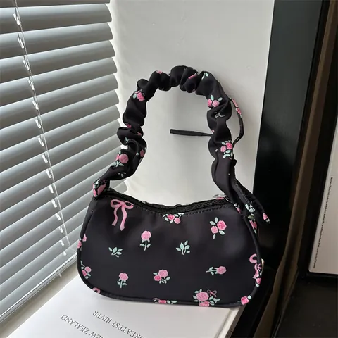 Bolso de Axila de Lona con Estampado Floral Dulce para Mujer Lazo Fruncido Bolso de Hombro Casual Moda Rosa Tote Bolso Diario