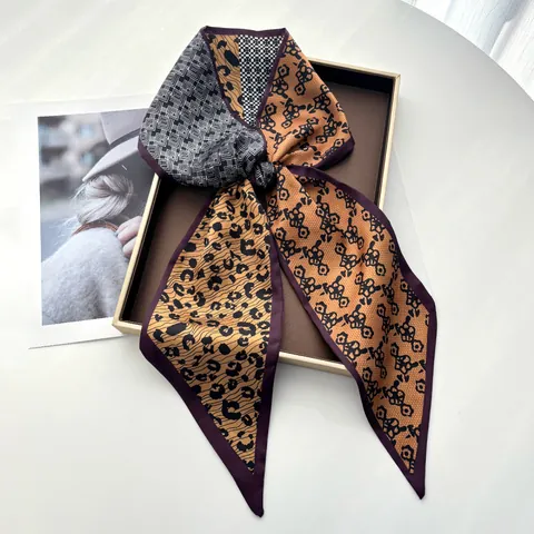 Leopardenmuster Patchwork Satin Schal Für Damen Vintage Geometrische Blumen Lange Twilly Haarband Tasche Zubehör Halstuch