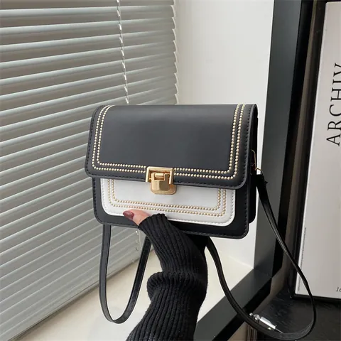 Borsa a Tracolla Patchwork Ricamata in Stile Francese per Donna in Pelle PU Piccola Borsa a Spalla Quadrata con Fibbia