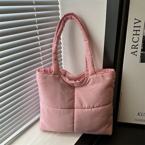 Bolso Tote Acolchado de Gran Capacidad para Mujer Ligero de Nailon Acolchado Bolso de Hombro Color Sólido Rejilla Costura