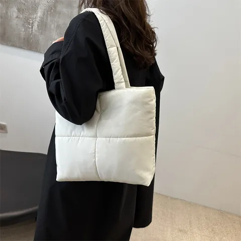 Bolso Tote Acolchado de Gran Capacidad para Mujer Ligero de Nailon Acolchado Bolso de Hombro Color Sólido Rejilla Costura