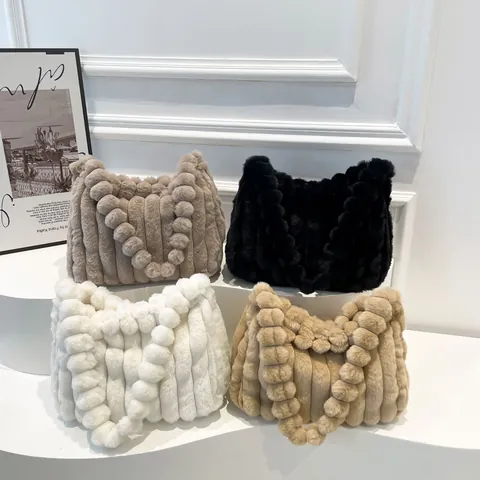 Women Fashion Plush Tote Bag Vertical Striped Faux Fur Shoulder Bag With Pom Pom Handle Autumn Winter Large Capacity Commute Handbag