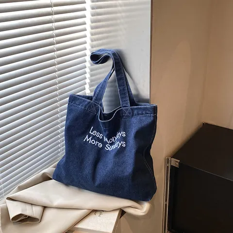 Women Denim Tote Bag Large Capacity Embroidered Letter Shoulder Bag Retro Versatile Simple Canvas Handbag For School Daily