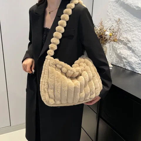 Women Fashion Plush Tote Bag Vertical Striped Faux Fur Shoulder Bag With Pom Pom Handle Autumn Winter Large Capacity Commute Handbag