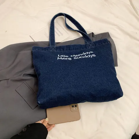Women Denim Tote Bag Large Capacity Embroidered Letter Shoulder Bag Retro Versatile Simple Canvas Handbag For School Daily