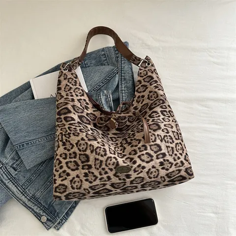 Mode Leopardenmuster Tragetasche Für Damen Große Kapazität Stoff Schultertasche Lässig Schleife Handtasche Einkaufstasche Hobo Tasche