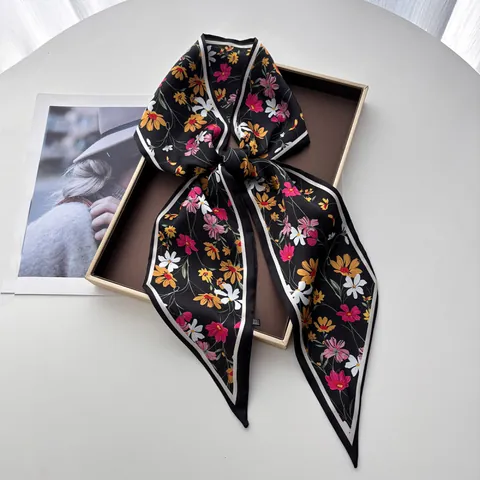 Damen Eleganter Satin Schal Mit Blumenmuster Schwarz Lange Dünne Twilly Halstuch Für Haar Tasche Zubehör Lässige Mode Dekorative Schal
