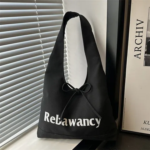 Women Large Capacity Canvas Tote Bag Minimalist Hobo Shoulder Bag With Bow Decoration Letter Print For Daily Commute