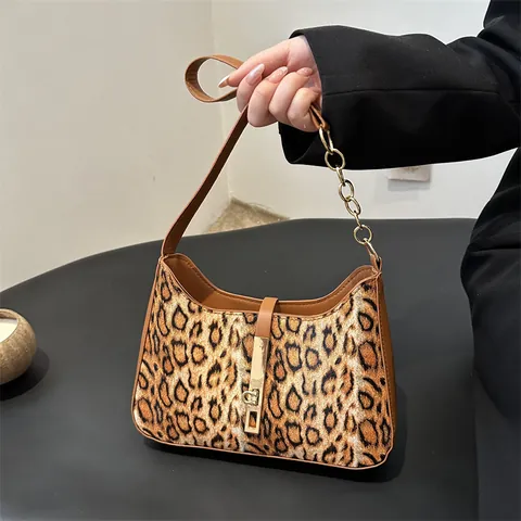 Bolso de Axila con Estampado de Leopardo Vintage para Mujer Cuero PU Retro Bolso de Hombro Con Cadena Dorada Hebilla de Metal Moda Hobo