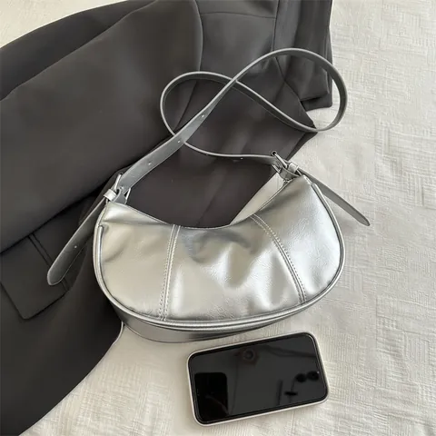 Women Fashion PU Leather Patchwork Hobo Underarm Bag Vintage Half Moon Shoulder Bag With Adjustable Strap Metallic Silver