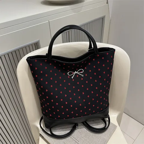 Bolso Tote de Moda para Mujer con Estampado de Corazones y Lunares Gran Capacidad de Lona con Decoración de Lazo