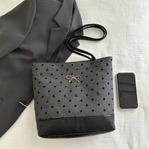 Bolso Tote de Moda para Mujer con Estampado de Corazones y Lunares Gran Capacidad de Lona con Decoración de Lazo