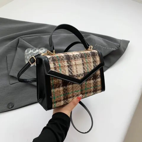Vintage Plaid Tweed Handbag For Women Fashion Contrast Color PU Leather Shoulder Crossbody Bag V Flap Square Bag
