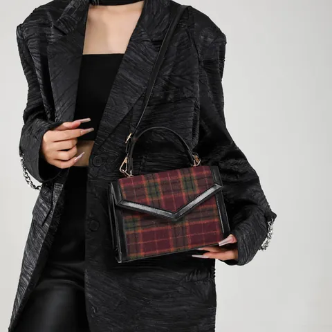 Vintage Plaid Tweed Handbag For Women Fashion Contrast Color PU Leather Shoulder Crossbody Bag V Flap Square Bag