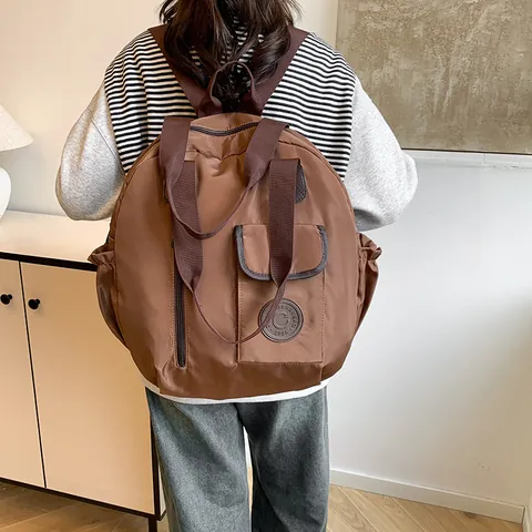Lightweight Nylon Large Capacity Backpack For Women Solid Color Casual Travel School Bag Fashion Multi Pocket Daypack