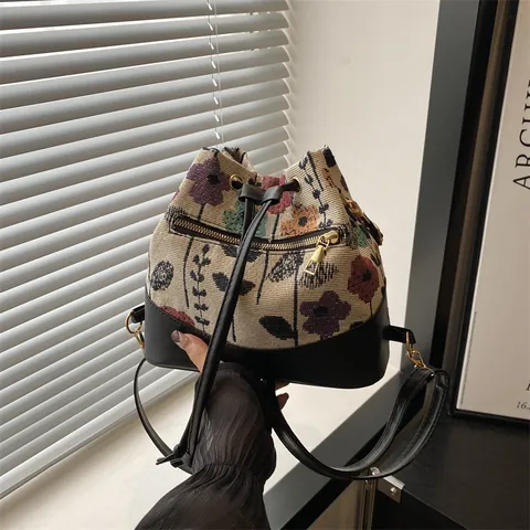 Vintage Ethno-Stil Jacquard-Eimer-Tasche Für Damen Kordelzug Schulter Umhängetasche PU-Leder Patchwork Handtasche
