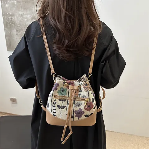 Vintage Ethno-Stil Jacquard-Eimer-Tasche Für Damen Kordelzug Schulter Umhängetasche PU-Leder Patchwork Handtasche