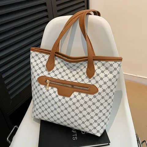 Vintage Print Grote Capaciteit PU Leer Draagzak Voor Vrouwen Retro Geometrisch Patroon Schoudertas Rits Woon Werkverkeer
