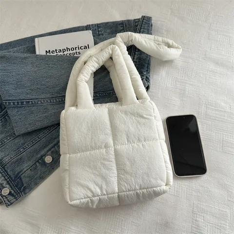 Bolso Tote Acolchado para Mujer Nailon Puffy Bolso de Hombro Casual Color Sólido Bolso de Mano para Otoño Invierno Diario