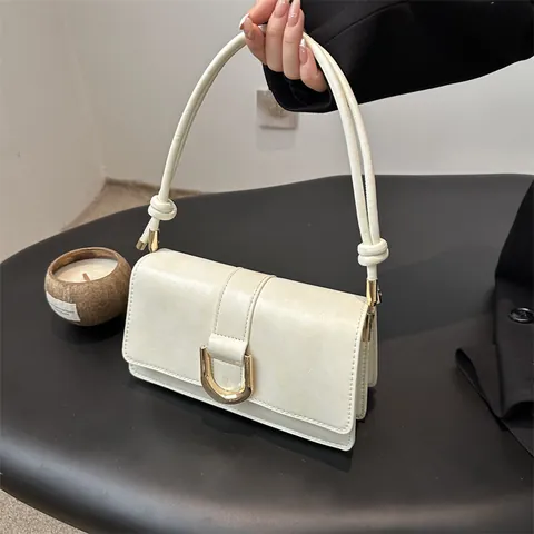 Vintage Women PU Leather Underarm Bag Solid Color Small Square Shoulder Bag With Gold U-Buckle Knot Strap Chic Commuter Handbag