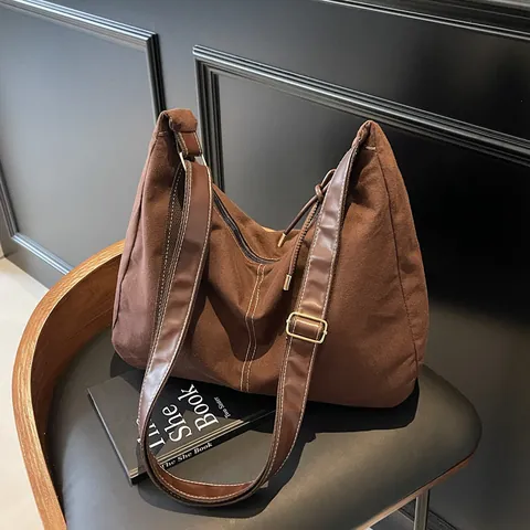Dames Retro Suède-look Schoudertas Grote Capaciteit Hobo Bag Contrast Stiksels Shoulder Tote Bag Woon-werkverkeer Dagelijks