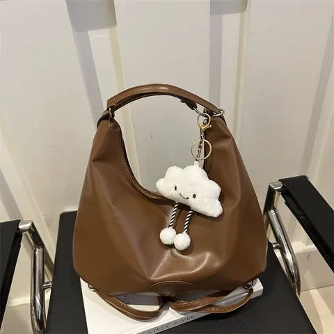 Women Large Capacity PU Leather Hobo Shoulder Bag Minimalist Solid Color Underarm Tote Bag With Cloud Pendant Casual Handbag