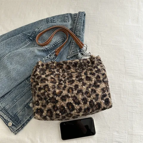 Damen Leopardenmuster Plüsch Tragetasche Große Kapazität Kette Schultertasche Vintage Kunstpelz Handtasche Winter Herbst Tasche