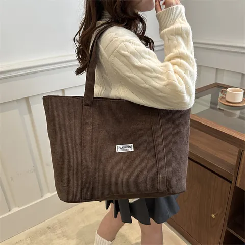 Bolso Tote de Pana de Gran Capacidad para Mujer Minimalista Etiqueta de Letras Color Sólido Bolso de Hombro para Trabajo Escuela Diario