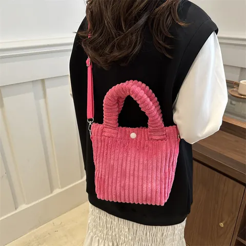 Borsa a Secchiello in Velluto a Coste da Donna Semplice Grande Capacità Borsa a Tracolla a Contrasto Shopping Minimalista