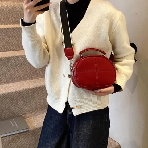 Women Simple PU Leather Small Square Crossbody Bag Litchi Pattern Square Handbag Wide Striped Strap Daily Shoulder Bag