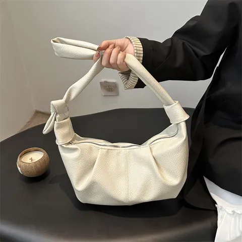 Borsa Hobo Donna in Pelle PU a Pieghe Nuvola Motivo Litchi Orecchini a Spalla Croissant Con Dettaglio Tracolla a Nodo Borsa da Pendolare