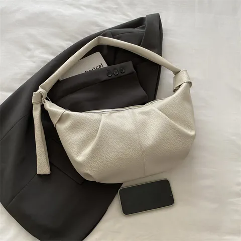 Borsa Hobo Donna in Pelle PU a Pieghe Nuvola Motivo Litchi Orecchini a Spalla Croissant Con Dettaglio Tracolla a Nodo Borsa da Pendolare