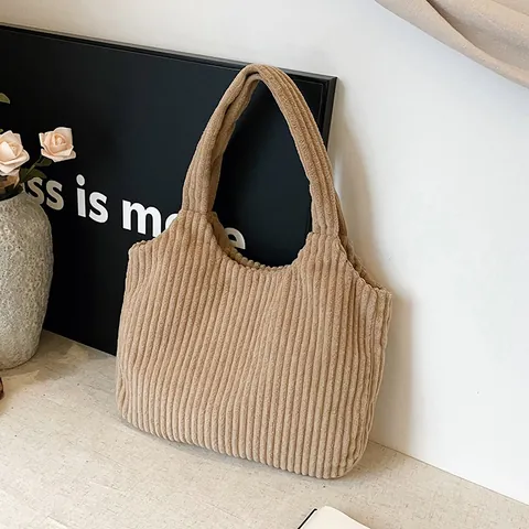 Women Corduroy Large Capacity Tote Bag Minimalist Solid Color Casual Shoulder Bag Retro Streetwear Fashion Handbag For Daily Use