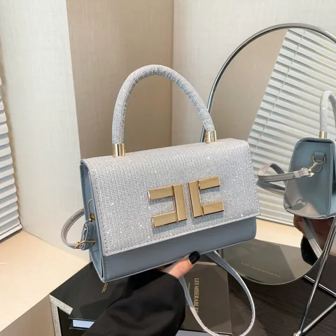 Sequined PU Leather Small Square Handbag For Women Glitter Flap Shoulder Crossbody Bag Metal Logo Fashion Party Purse