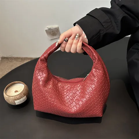 Bolso de Mano Vintage de Cuero Sintético Trenzado Bolso de Axila Hobo Minimalista Para Mujer Moda Diaria Color Sólido