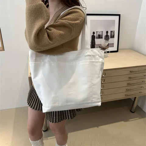 Grand Sac en Toile pour Femmes Grande Capacité Minimaliste Décontracté Sac à Épaule Navettage Urbain Couleur Unie Sac à Main en Toile pour École Travail Quotidien