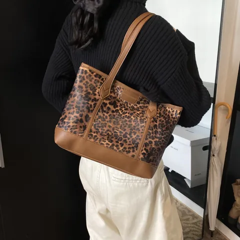 Vintage Leopard Print Tote Bag For Women PU Leather Large Capacity Shoulder Bag Commuter Casual Ladies Handbag
