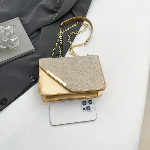 Damen Glänzende Glitzer Umhängetasche PU Leder Schultertasche Mit Goldener Kette Klappe Abendparty Mode Quadratische Handtasche