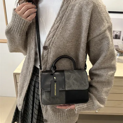 Bolso de Hombro Patchwork Vintage Francés para Mujer Bolso de Mano con Asa Superior Color de Contraste Bolso Cuadrado Pequeño Cuero PU Gamuza con Correa Ajustable