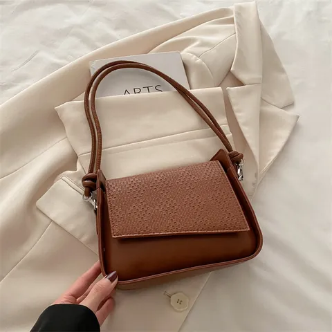 Women Retro Underarm Bag Woven Texture PU Leather Shoulder Bag Casual Small Square Handbag With Knot Strap For Daily Use