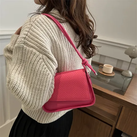 Women Retro Underarm Bag Woven Texture PU Leather Shoulder Bag Casual Small Square Handbag With Knot Strap For Daily Use